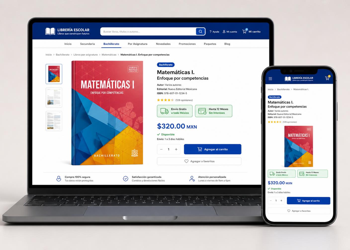 Tienda en línea de libros de texto de bachillerato mostrada en laptop y teléfono, con insignias de envío gratis y 12 meses sin intereses